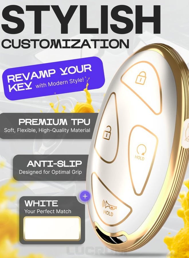 Lucrum for Hyundai IONIQ 6 Key Fob Cover and Leather Keychain, 5 Buttons Full Cover Key Case for Santa Fe, Grandeur, KONA, Elantra - 2022-2025 TPU Keyfob Cover for NYOMBEC7FOB2208 - White and Gold - Image 3