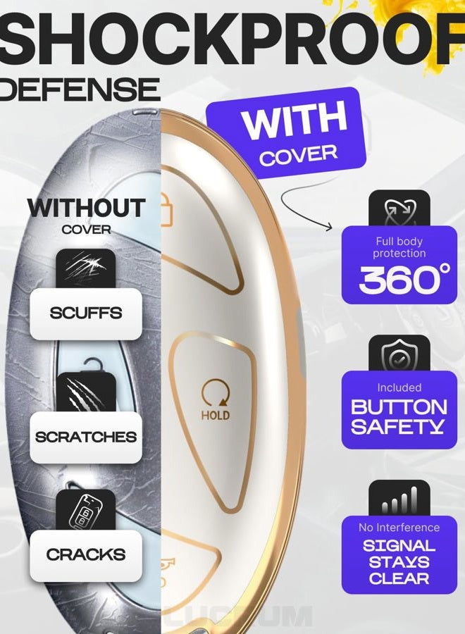 Lucrum for Hyundai IONIQ 6 Key Fob Cover and Leather Keychain, 5 Buttons Full Cover Key Case for Santa Fe, Grandeur, KONA, Elantra - 2022-2025 TPU Keyfob Cover for NYOMBEC7FOB2208 - White and Gold - Image 4