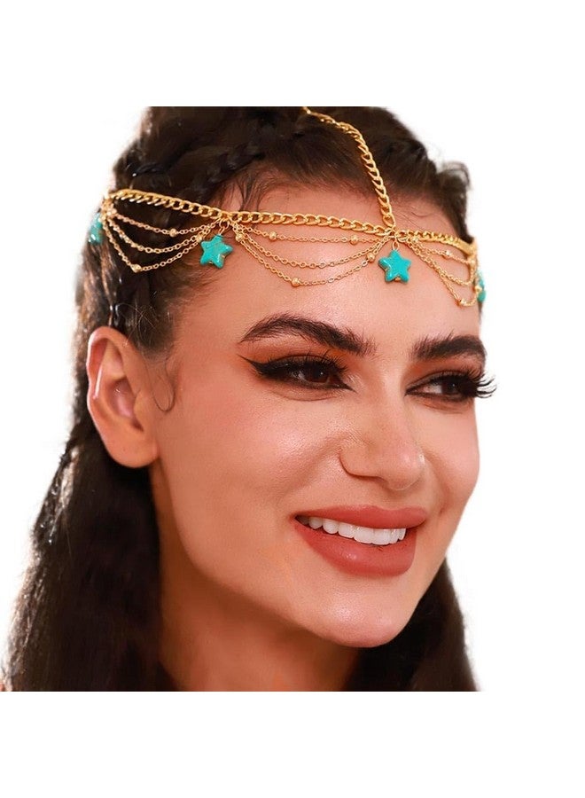 Tgirls إكسسوار رأس بوهيمي مزين بالتركواز مع قلادة نجمة للنساء والفتيات (ذهبي) - Image 1