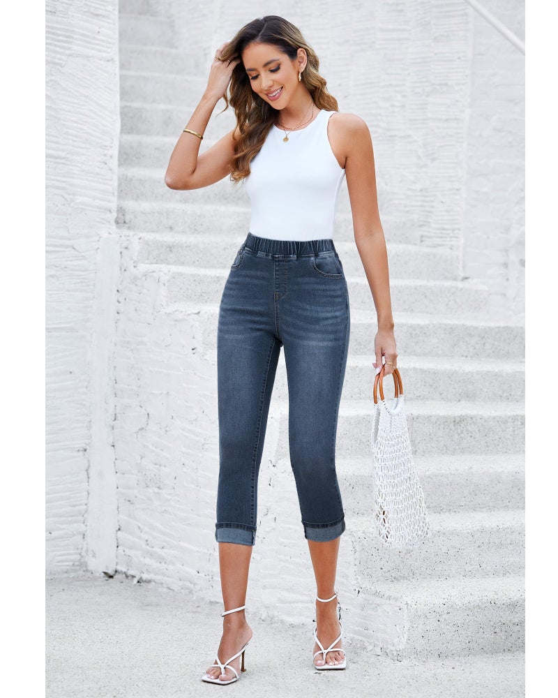 GRAPENT Trouser Jeans Western Womens Clothing Women's Clothes High Waisted Capris for Women Crop Pants Women's Wear to Work Pants & Capris Work Jeans for Women Color Vintage Dark Blue Size XL X-Large - Image 5