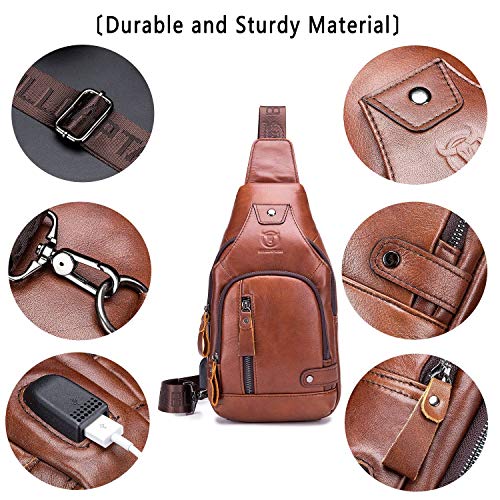 BULLCAPTAIN Leather Sling Bag Mens Chest Bag Casual Shoulder Crossbody Bags Travel Hiking Backpacks Daypack with USB Charging Port (Brown) - Image 4