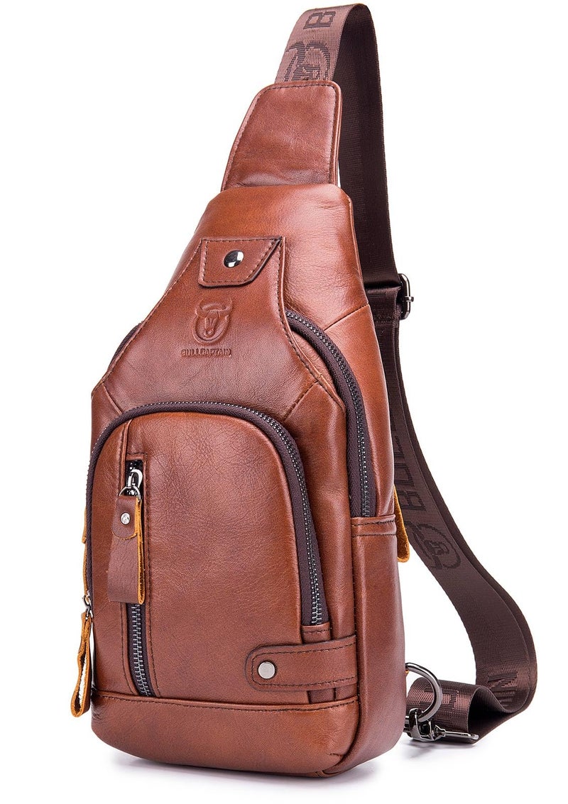 BULLCAPTAIN Leather Sling Bag Mens Chest Bag Casual Shoulder Crossbody Bags Travel Hiking Backpacks Daypack with USB Charging Port (Brown) - Image 1