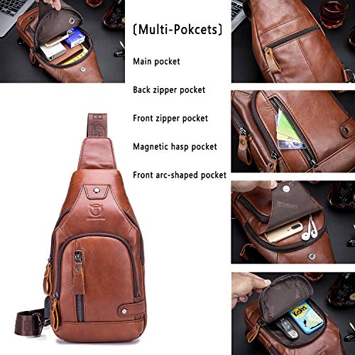 BULLCAPTAIN Leather Sling Bag Mens Chest Bag Casual Shoulder Crossbody Bags Travel Hiking Backpacks Daypack with USB Charging Port (Brown) - Image 3