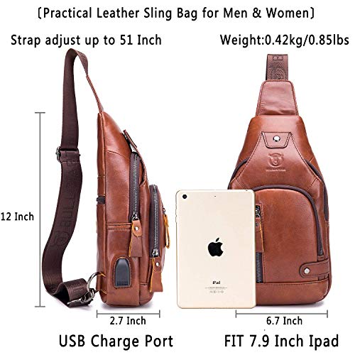 BULLCAPTAIN Leather Sling Bag Mens Chest Bag Casual Shoulder Crossbody Bags Travel Hiking Backpacks Daypack with USB Charging Port (Brown) - Image 2