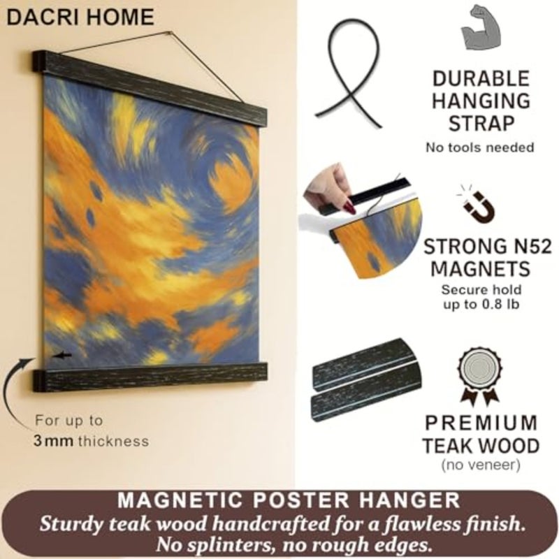 17" Magnetic Poster Hanger Frame - Teak Wood Poster Frame, Strong Magnets for Easy Hanging Print Picture Map Wall Art 17x22 17x24 17 inch, Solid teak wood magnetic frame fits 17x22 or 17x24 vertical posters, 17"-wide pictures, canvas, scrolls and diamond paintings - Image 2