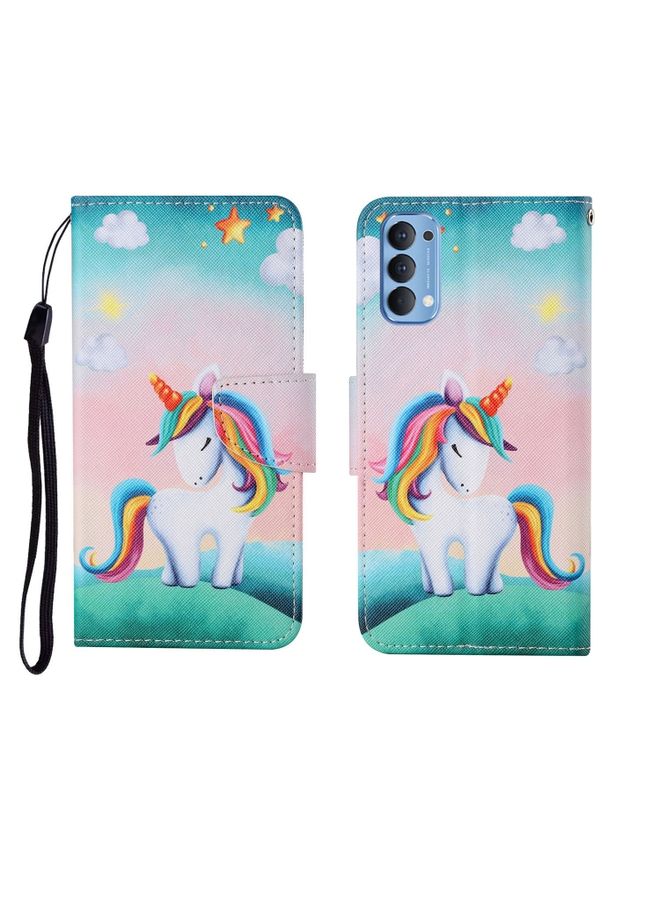 HuHa Case Cover For OPPO Reno4 Painted Pattern Horizontal Flip Leathe Case Rainbow Unicorn 