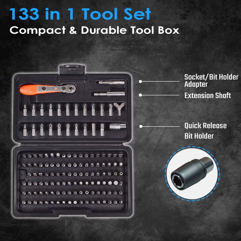 GreaTalent 133in1 Mini Ratchet Wrench Screwdriver Bit Set with 1/4" Hex Shank Phillips/Pozidriv/Hexagon/Torx/Slotted/Square Bits, 36-Tooth Gear, Magnetic Bit Holder, 90 Degree Drive Handle - Image 5