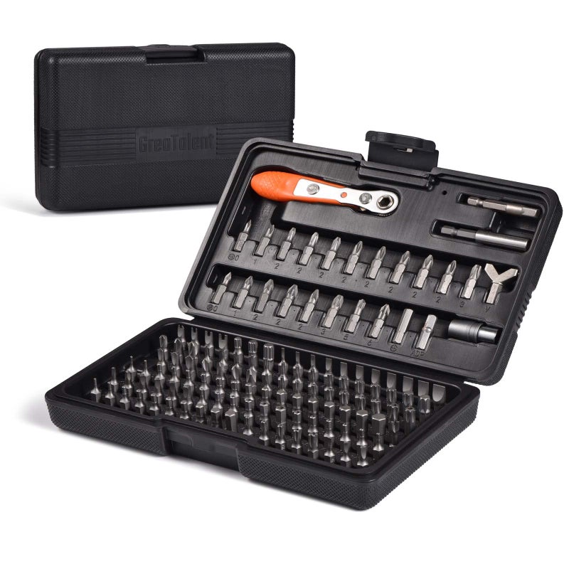 GreaTalent 133in1 Mini Ratchet Wrench Screwdriver Bit Set with 1/4" Hex Shank Phillips/Pozidriv/Hexagon/Torx/Slotted/Square Bits, 36-Tooth Gear, Magnetic Bit Holder, 90 Degree Drive Handle - Image 1