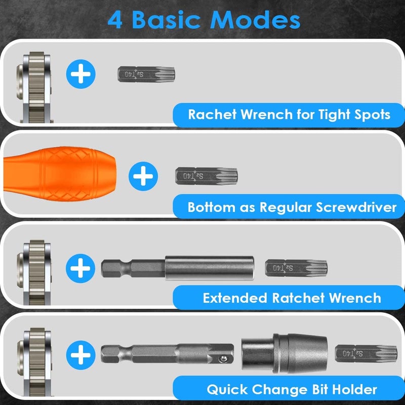 GreaTalent 133in1 Mini Ratchet Wrench Screwdriver Bit Set with 1/4" Hex Shank Phillips/Pozidriv/Hexagon/Torx/Slotted/Square Bits, 36-Tooth Gear, Magnetic Bit Holder, 90 Degree Drive Handle - Image 4
