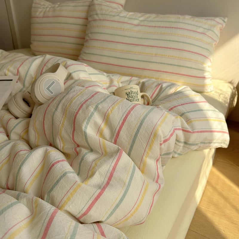 EAVD Colorful Striped Duvet Cover Twin Soft 100% Cotton Vintage Pink Green Yellow Stripes Printed Bedding Set with 2 Pillowcases Retro Reversible Geometric Comforter Cover with Zipper Corner Ties - Image 2