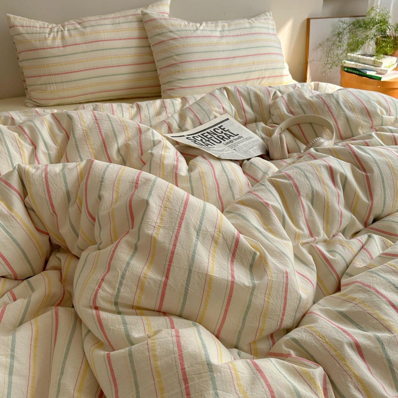 EAVD Colorful Striped Duvet Cover Twin Soft 100% Cotton Vintage Pink Green Yellow Stripes Printed Bedding Set with 2 Pillowcases Retro Reversible Geometric Comforter Cover with Zipper Corner Ties - Image 3