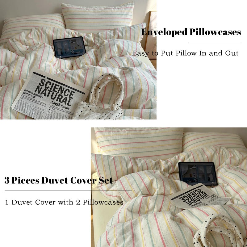 EAVD Colorful Striped Duvet Cover Twin Soft 100% Cotton Vintage Pink Green Yellow Stripes Printed Bedding Set with 2 Pillowcases Retro Reversible Geometric Comforter Cover with Zipper Corner Ties - Image 5