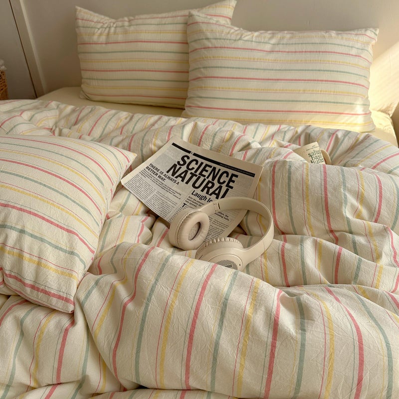 EAVD Colorful Striped Duvet Cover Twin Soft 100% Cotton Vintage Pink Green Yellow Stripes Printed Bedding Set with 2 Pillowcases Retro Reversible Geometric Comforter Cover with Zipper Corner Ties - Image 1