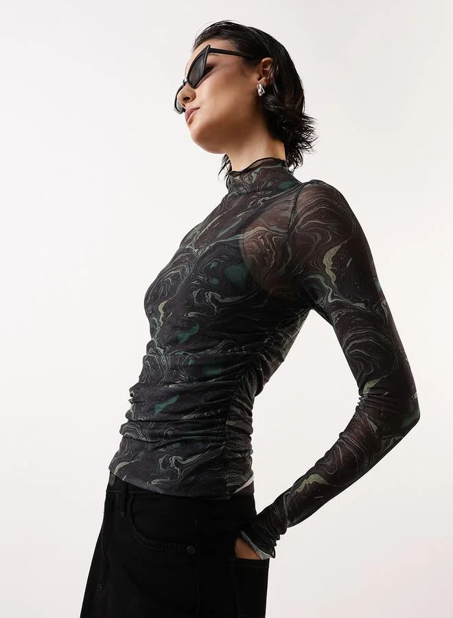 هوبرهولمي Women's Green 100% Polyester Self Design Pattern Slim Fit Tops