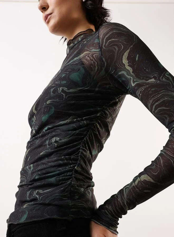 هوبرهولمي Women's Green 100% Polyester Self Design Pattern Slim Fit Tops