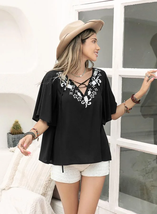 Take Two Take Two Embroidery Detail Tie-Up Neck Blouse