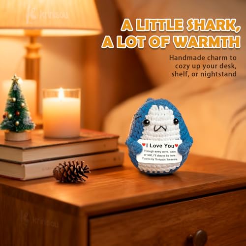 Krinisou I Love You Gifts for Her Him Boyfriend Girlfriend, Long Distance Relationship Anniversary Love Brithday Gift for Wife Husband, Small Positive Animals Crochet Shark Presents for Daughter Son - Image 4