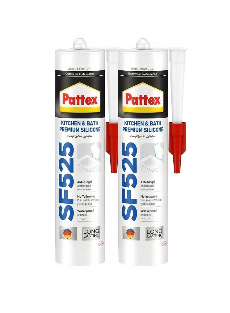 Pattex SF525 Premium Silicone 2-Pack - Bright White, Anti-fungal & Waterproof - 280ml Permanent flexibility, superior bonding strength, ideal for sealing joints in kitchens and bathrooms - Image 1