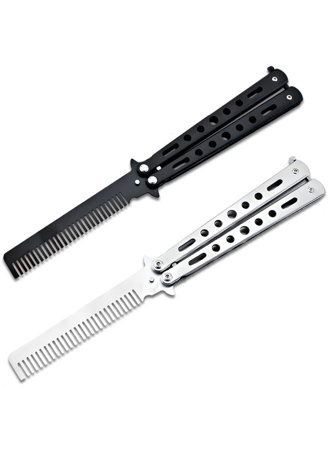 Jaasuee 2 Pieces Stainless Steel Folding Practice Combs Available in Black and Silver, Foldable Hair Styling Tools for Sports and Outdoor Use - Image 1