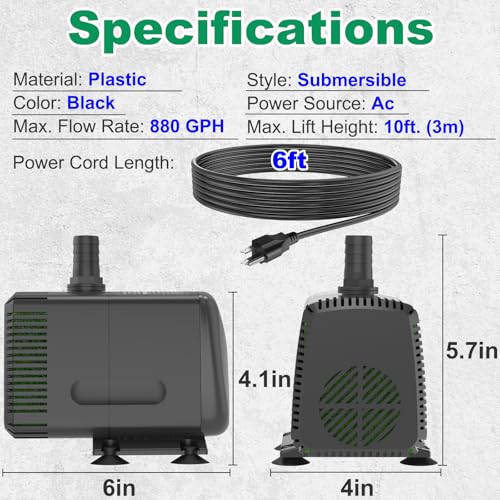 Knifel Submersible Pump 880GPH (3500L/H 60W) Ultra Quiet with Over Heating Protection 10.2ft High Lift for Fountains, Hydroponics, Ponds, Aquariums & More… - Image 5