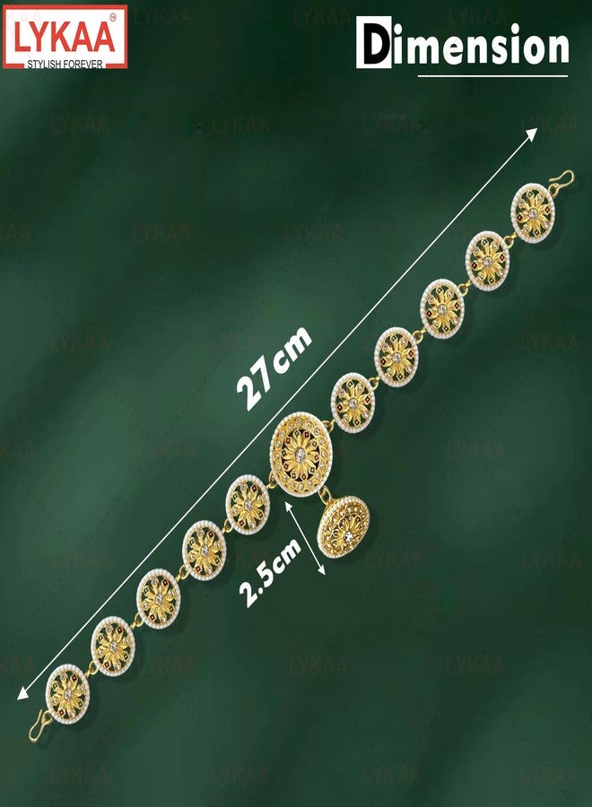 LYKAA Gold Plated Kundan Pearl Sheeshpatti for Women | Bridal Wedding Hair Jewellery For Girls| Traditional Maang Tikka Hair Accessory Hair Band for Festive & Ethnic Occasions - 1 Pcs - Image 2