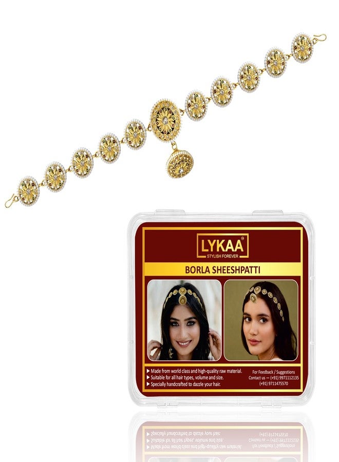 LYKAA Gold Plated Kundan Pearl Sheeshpatti for Women | Bridal Wedding Hair Jewellery For Girls| Traditional Maang Tikka Hair Accessory Hair Band for Festive & Ethnic Occasions - 1 Pcs - Image 1