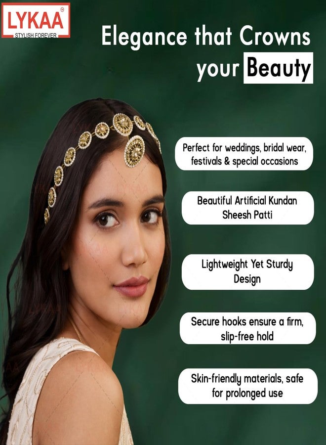 LYKAA Gold Plated Kundan Pearl Sheeshpatti for Women | Bridal Wedding Hair Jewellery For Girls| Traditional Maang Tikka Hair Accessory Hair Band for Festive & Ethnic Occasions - 1 Pcs - Image 3