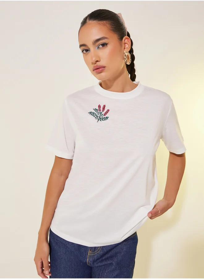 ستايلي Floral Embroidered Round Neck T-Shirt