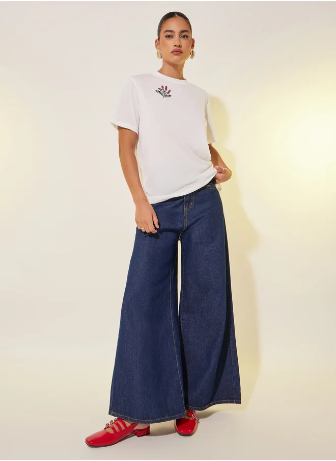 ستايلي Floral Embroidered Round Neck T-Shirt