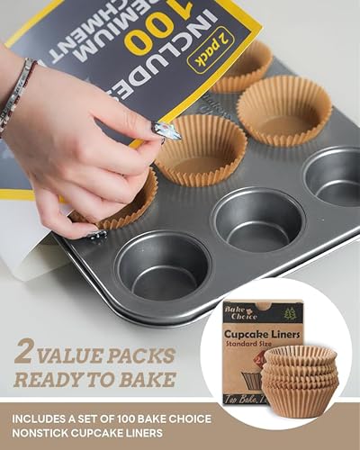 Bake Choice 2 Pack Muffin Pan for Baking Standard Cupcake Pan includes 100 Natural Cupcake Liners Muffin Tin Nonstick 12 Cup Baking Pans Set Carbon Steel Baking Supplies - Image 3