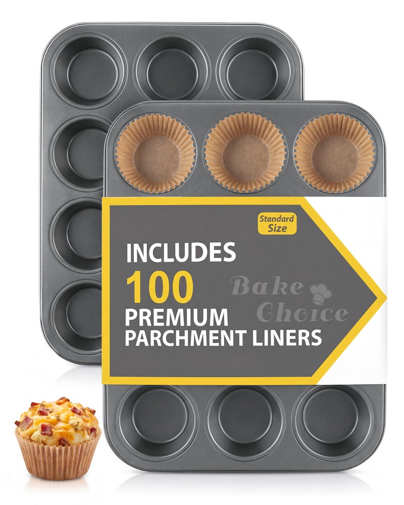 Bake Choice 2 Pack Muffin Pan for Baking Standard Cupcake Pan includes 100 Natural Cupcake Liners Muffin Tin Nonstick 12 Cup Baking Pans Set Carbon Steel Baking Supplies - Image 2