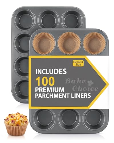 Bake Choice 2 Pack Muffin Pan for Baking Standard Cupcake Pan includes 100 Natural Cupcake Liners Muffin Tin Nonstick 12 Cup Baking Pans Set Carbon Steel Baking Supplies - Image 1