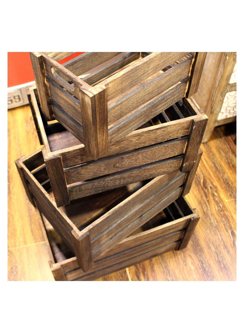 LINGWEI Set Of 4 Wooden Storage Box With Handles Decorative Wood Boxes Rustic Farmhouse Style For Display Decorative Bamboo Crates For Home (Brown) - Image 2