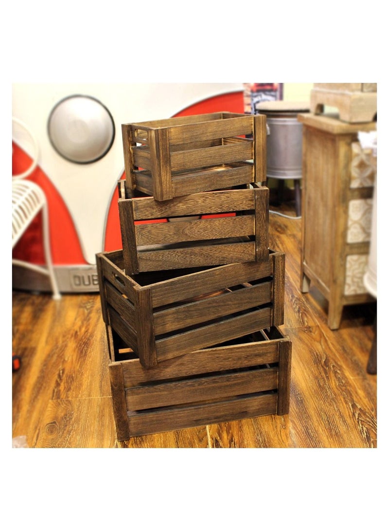 LINGWEI Set Of 4 Wooden Storage Box With Handles Decorative Wood Boxes Rustic Farmhouse Style For Display Decorative Bamboo Crates For Home (Brown) - Image 1
