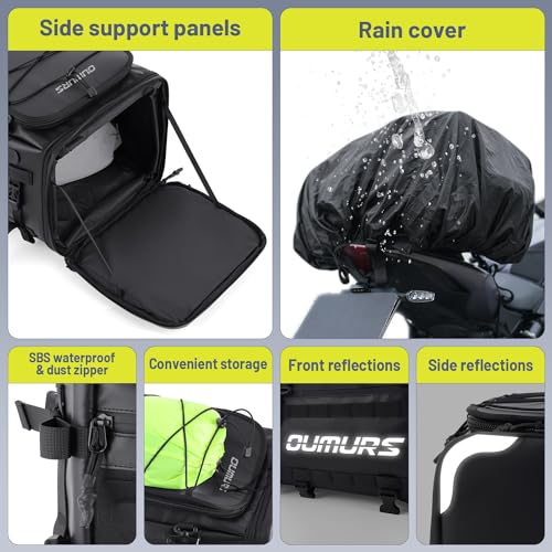 Oumurs 45-60L Expandable Waterproof Motorcycle Tail Bag with Rain Cover & Strap, Reflective All-Weather Trunk Rack Bags, Dual-Use Backpack for Large Capacity Storage, Motorcycle Luggage Rack Bags - Image 3