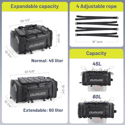 Oumurs 45-60L Expandable Waterproof Motorcycle Tail Bag with Rain Cover & Strap, Reflective All-Weather Trunk Rack Bags, Dual-Use Backpack for Large Capacity Storage, Motorcycle Luggage Rack Bags - Image 2