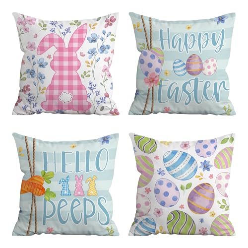 Hexagram Easter Pillow Covers 18x18 Set of 4 Easter Throw Pillow Covers Bunny Decorations Indoor Sofa Couch Decorative Blue Buffalo Plaid Spring Decor for Home - Image 1