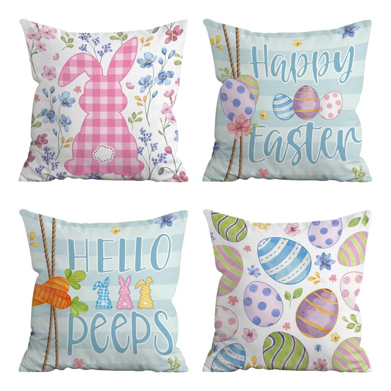 Hexagram Easter Pillow Covers 18x18 Set of 4 Easter Throw Pillow Covers Bunny Decorations Indoor Sofa Couch Decorative Blue Buffalo Plaid Spring Decor for Home - Image 2