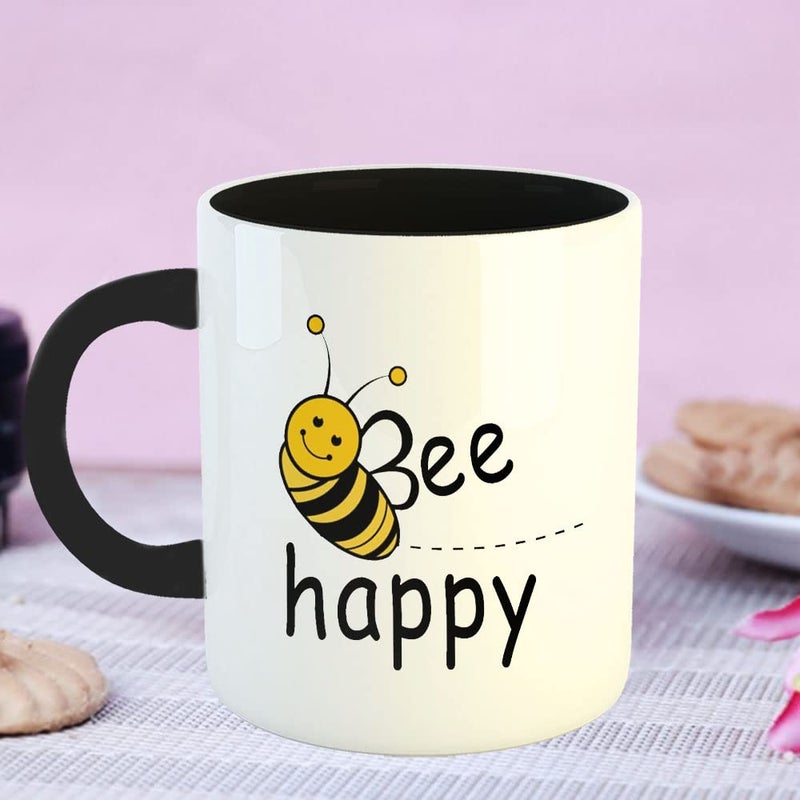 Happu Happu Printed Ceramic Coffee Mug Funny Humour Designs Bee Happy Best Gift for Sister Gift for Husband Gift for Wife Gift for Girlfriend 325 ML11Oz 3109BK  - Image 4