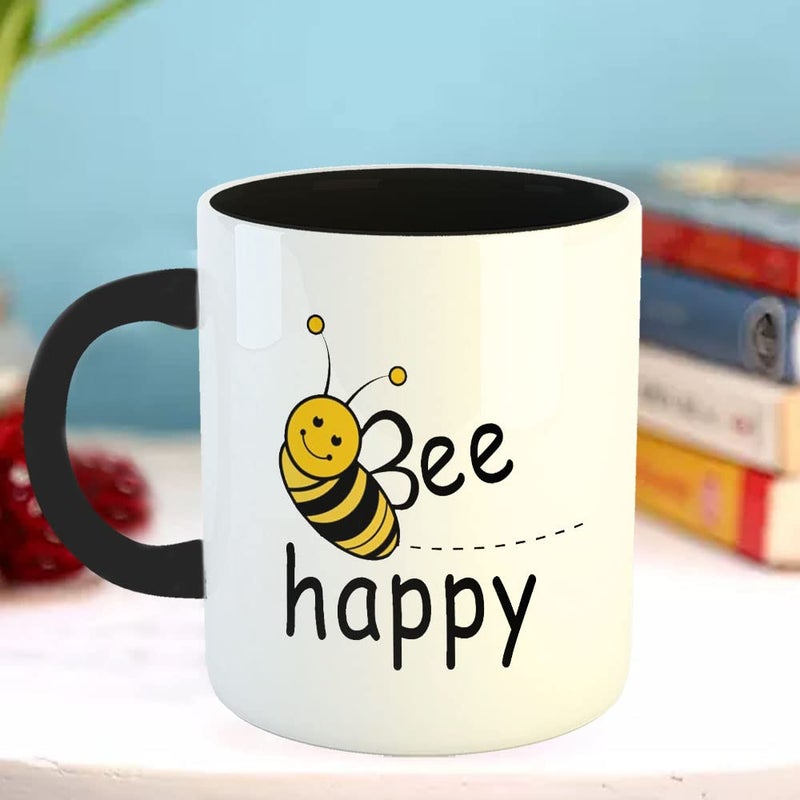 Happu Happu Printed Ceramic Coffee Mug Funny Humour Designs Bee Happy Best Gift for Sister Gift for Husband Gift for Wife Gift for Girlfriend 325 ML11Oz 3109BK  - Image 3