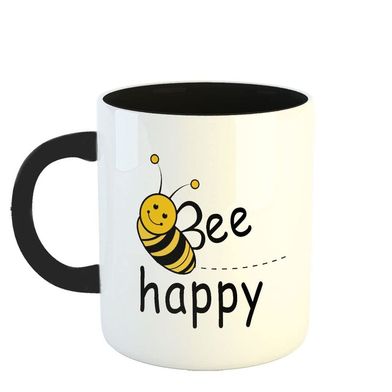 Happu Happu Printed Ceramic Coffee Mug Funny Humour Designs Bee Happy Best Gift for Sister Gift for Husband Gift for Wife Gift for Girlfriend 325 ML11Oz 3109BK  - Image 1