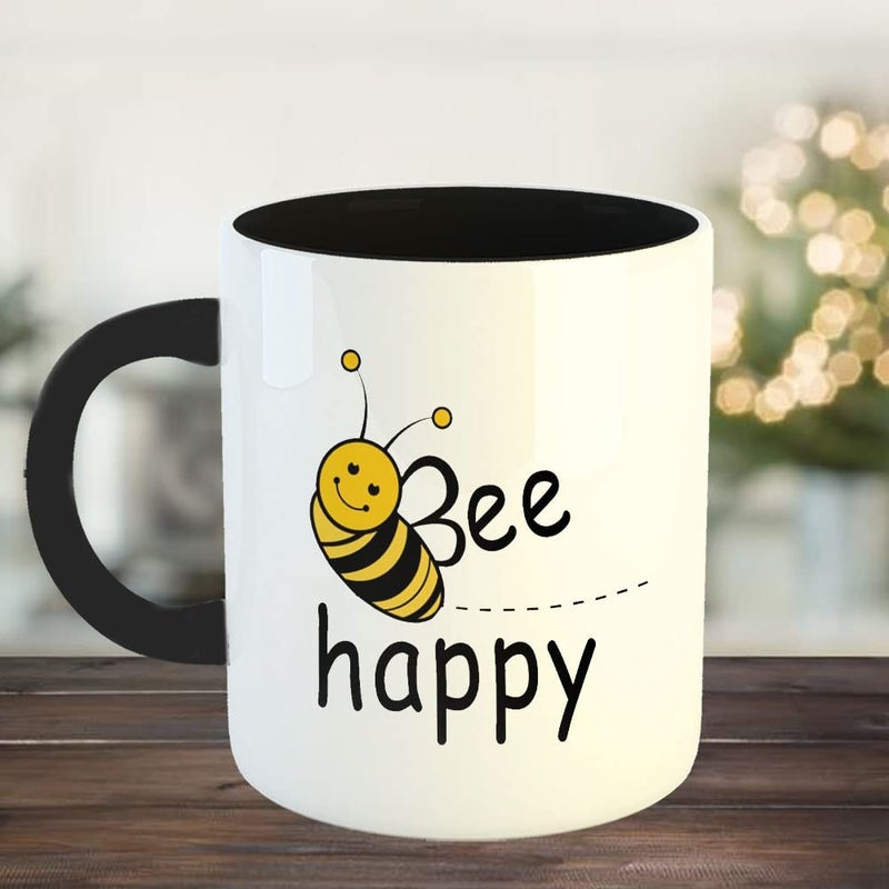 Happu Happu Printed Ceramic Coffee Mug Funny Humour Designs Bee Happy Best Gift for Sister Gift for Husband Gift for Wife Gift for Girlfriend 325 ML11Oz 3109BK  - Image 2