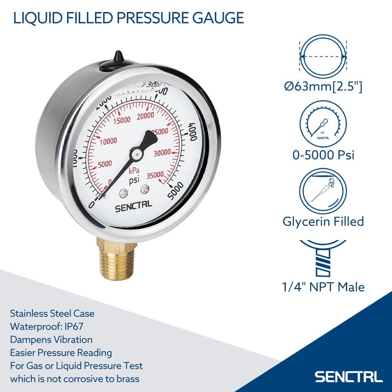 senctrl 5000 Psi Glycerin Liquid Filled Hydraulic High Pressure Gauge, 2.5" Dial Size, 1/4" NPT Lower Mount, Stainless Steel Case, for Air Gas Water Oil Pressure Test - Image 2