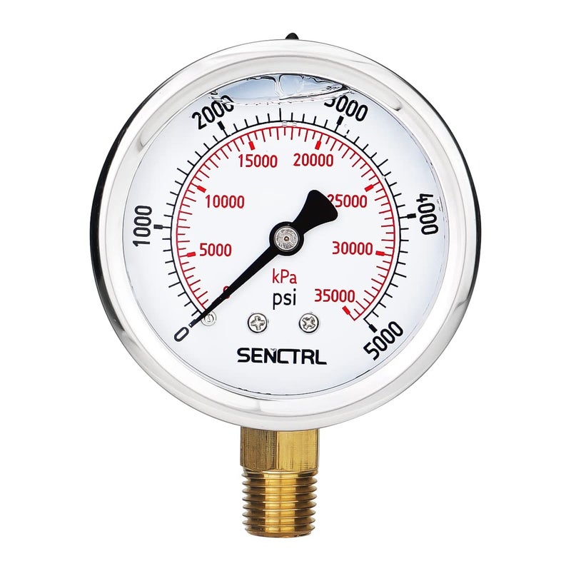senctrl 5000 Psi Glycerin Liquid Filled Hydraulic High Pressure Gauge, 2.5" Dial Size, 1/4" NPT Lower Mount, Stainless Steel Case, for Air Gas Water Oil Pressure Test - Image 1