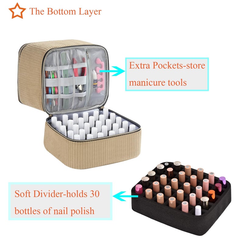 CTWWFS Corduroy Nail Polish Organizer and Nail Lamp Case, Nail Kit Organizer Holds 30 Bottles (15ml - 0.5 fl.oz) and a Nail Lamp, Nail Polish Carrying Case with Manicure Tools Storage Sections (Brown) - Image 5
