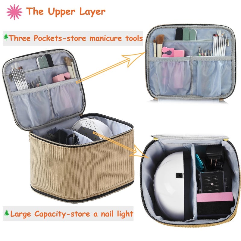 CTWWFS Corduroy Nail Polish Organizer and Nail Lamp Case, Nail Kit Organizer Holds 30 Bottles (15ml - 0.5 fl.oz) and a Nail Lamp, Nail Polish Carrying Case with Manicure Tools Storage Sections (Brown) - Image 4