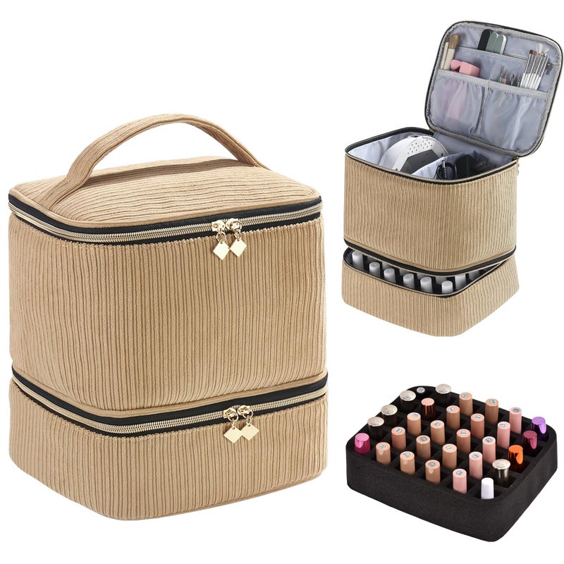 CTWWFS Corduroy Nail Polish Organizer and Nail Lamp Case, Nail Kit Organizer Holds 30 Bottles (15ml - 0.5 fl.oz) and a Nail Lamp, Nail Polish Carrying Case with Manicure Tools Storage Sections (Brown) - Image 1