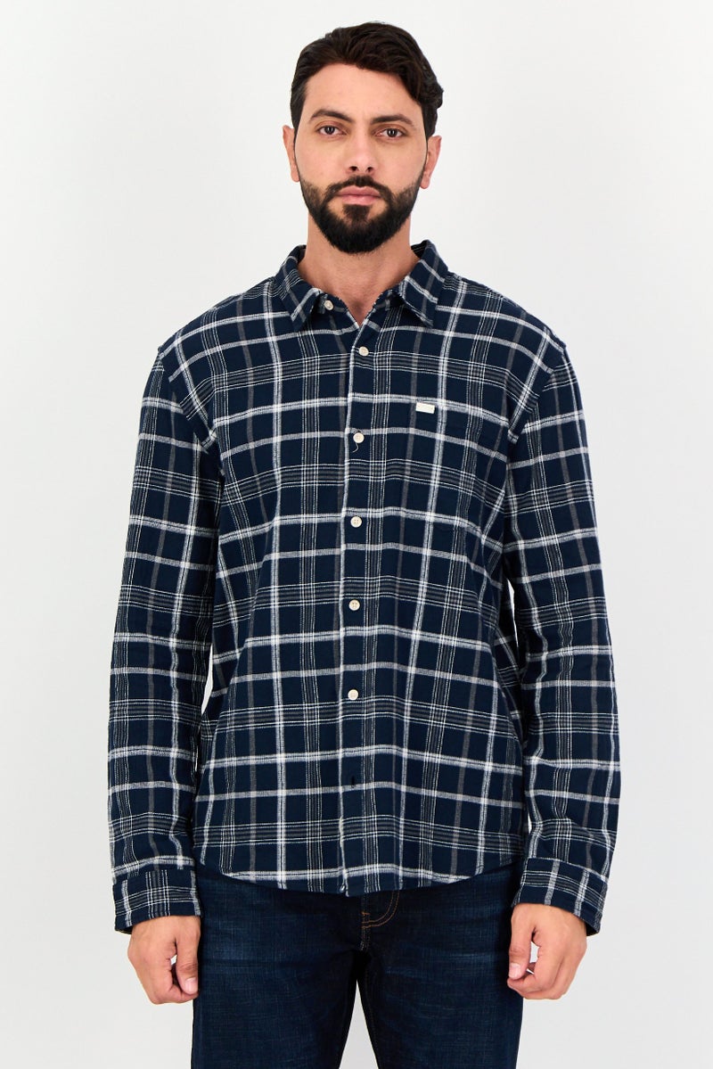 JACK & JONES Men Regular Fit Plaid Long Sleeve Casual Shirt, Navy - Image 1