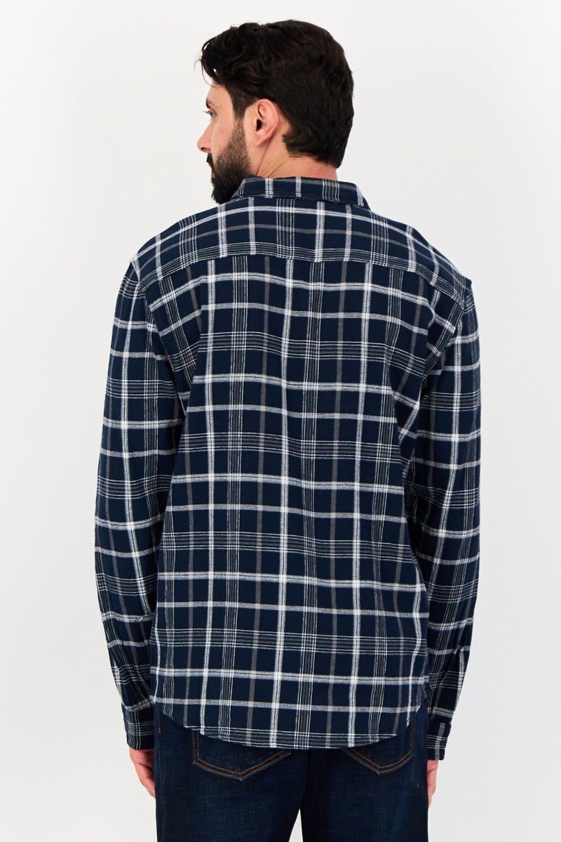 JACK & JONES Men Regular Fit Plaid Long Sleeve Casual Shirt, Navy - Image 3