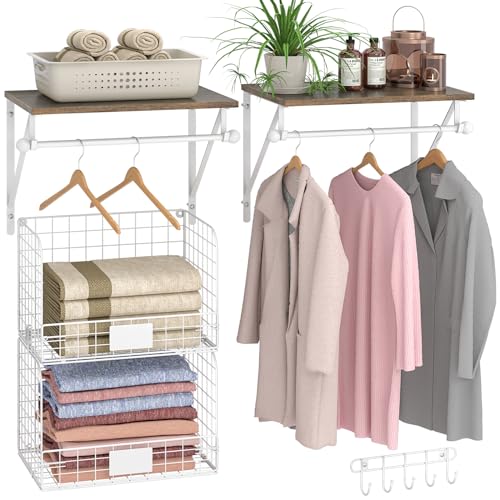 DAOUTIME 2 Set Laundry Room Shelves Wall Mounted with Wire Storage Baskets, Over Washer and Dryer Shelves with Hanging Rods and Hooks, Wire Shelves for Laundry Organization and Storage, White, Wooden - Image 1